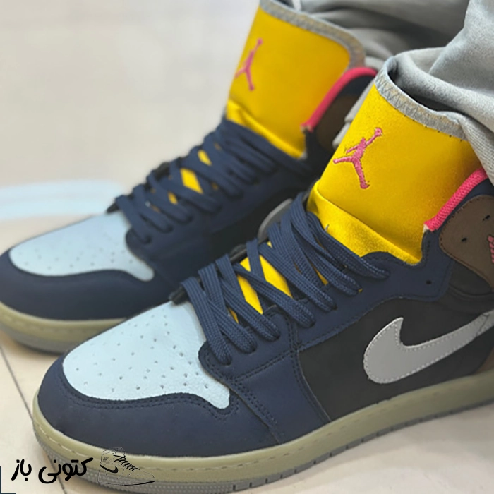 کتونی مردانه نایک جردن ۱ ساقدار سرمه ای زرد کتونی مردانه نایک جردن ۱ ساقدار سرمه ای زرد - تصویر 1