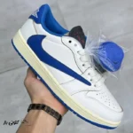 کتونی خارجی مردانه نایک جردن ۱ لو تراویس اسکات سفید آبی Jordan 1 Retro Low OG SP Fragment x Travis Scott Sail Military Blue