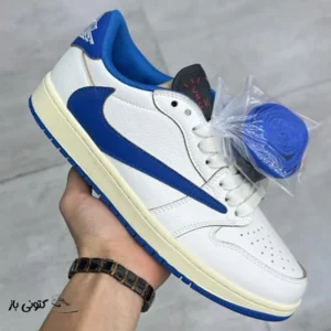 کتونی خارجی مردانه نایک جردن ۱ لو تراویس اسکات سفید آبی Jordan 1 Retro Low OG SP Fragment x Travis Scott Sail Military Blue
