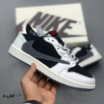 کتونی خارجی یونیسکس نایک ایر جردن وان لو مشکی سفید خاکستری Travis Scott x Air Jordan 1 Retro Low OG