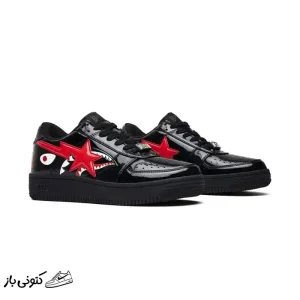 کتونی خارجی مردانه بیپ استا ورنی مشکی قرمز شارک Bapesta Black Shark Face