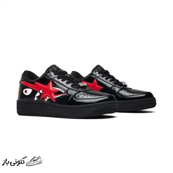 کتونی خارجی مردانه بیپ استا ورنی مشکی قرمز شارک Bapesta Black Shark Face
